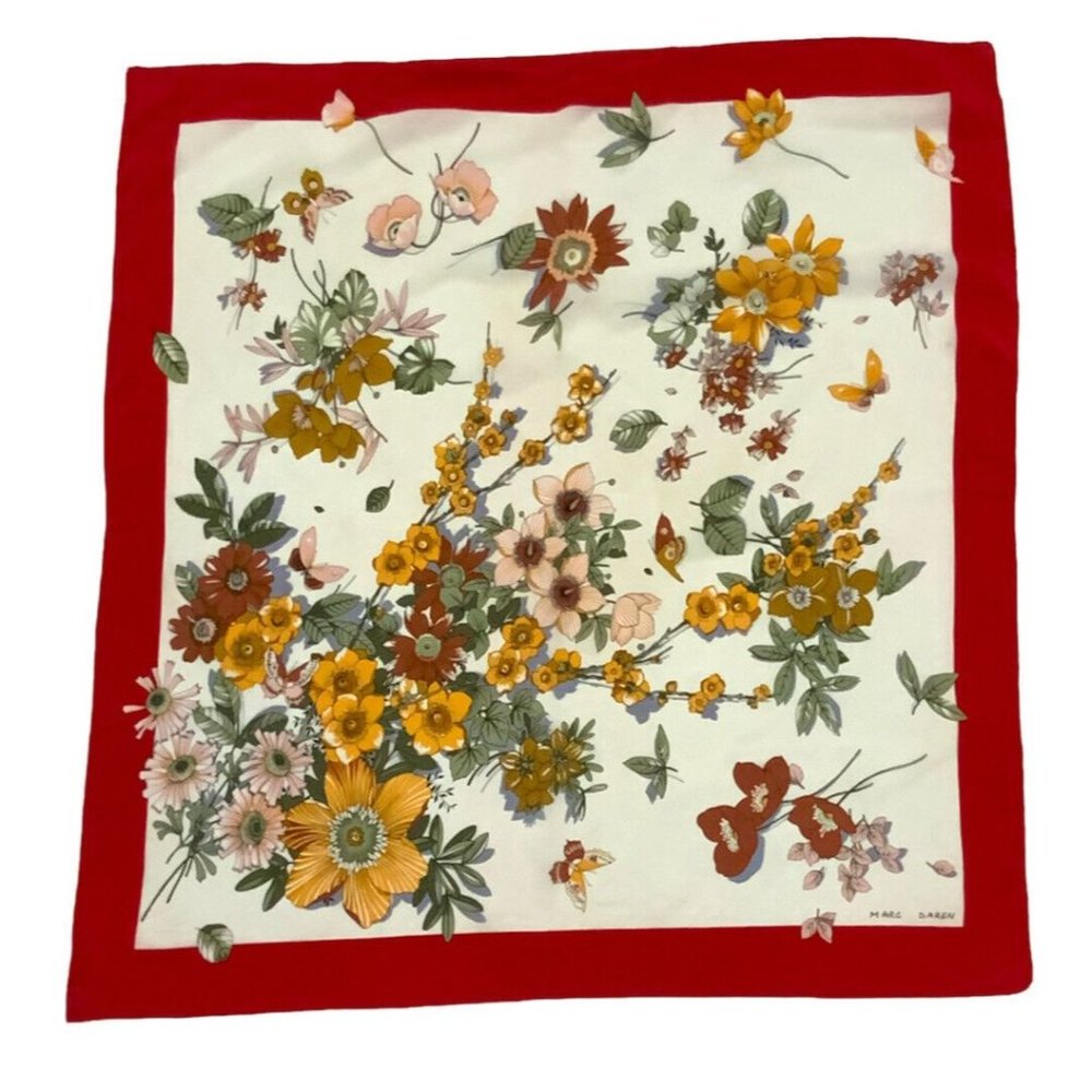 MARC DAREN White Floral Silk Scarf 34”/ 32” GC